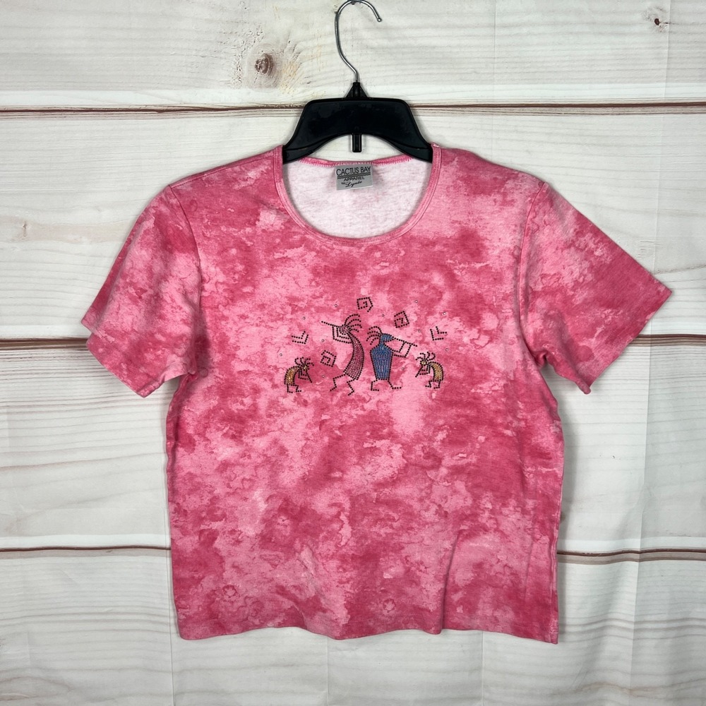 Cactus Bay Apparel Top Women Large Pink Tie Dye T-Shirt Rhinestones Short Sleeve